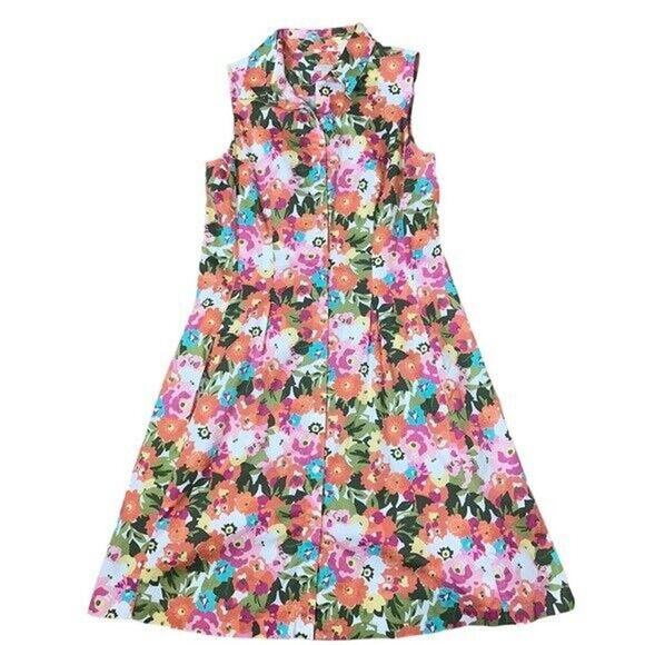 Talbots Woman Dress Pink Floral Bright Sleeveless Cotton Collar Button Down SZ 8 - Picture 12 of 13